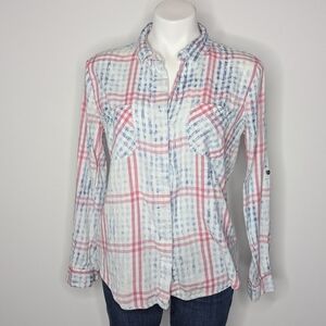 Cotton On Red White Blue Striped Plaid Button Up Long Sleeve Top XS